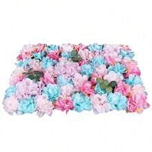 12Pcs Wedding Artificial Flower Wall Pink&Azure Hydrangea Rose Panel Party Decor Wall Backdrop For Wedding Backdrop Event Decor Baby Girls Room (Blue Pink) 12Pcs Artificial Flower Wall Wedding Venue Party Background Decor 40x60x2cm - 彩色 - 查看 4