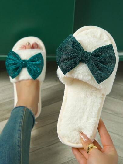 Laço rosa brilhante Moda requintada Novos modelos de conforto doméstico Interior Respirável Senhoras Chinelos abertos com dedos abertos