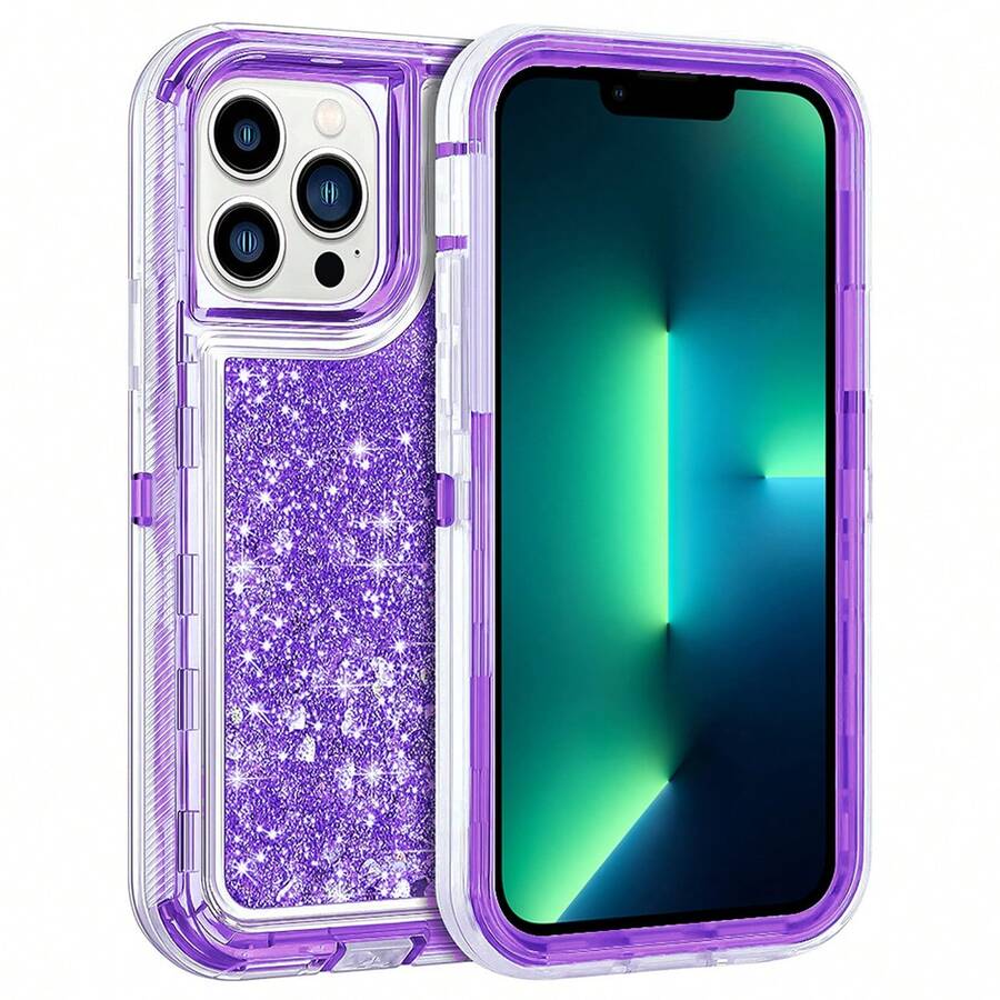 Modes Wireless For IPhone 15 Pro 6.1 Inch Dual Layer Protective Shockproof Tough Defender Sparkling Liquid Glitter Heart Case Cover - 紫色 - 查看 1