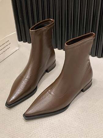 2024 Women Brown Pointed Toe Short Boots New Autumn Winter Fashionable Thick Heel Slim Boots Exclusive Design Boots PU Leather Shoes