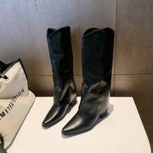 Retro High Shaft Boots, French Style Versatile Western Cowgirl Boots, Knee-High Boots For Petite Women - Black - View 11