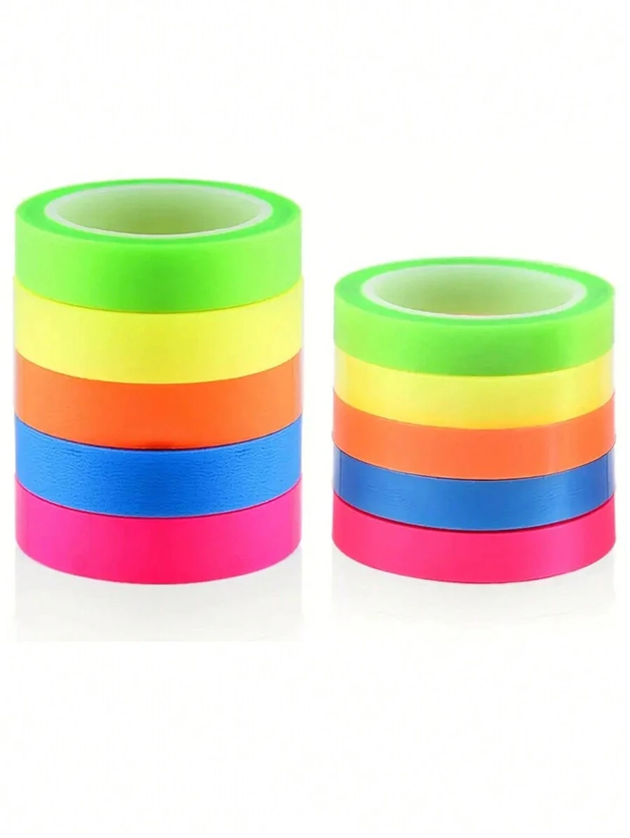 10 Rolls Assorted Fluorescent Memo Sticky Notes, Transparent Removable Waterproof Stationery Tapes, Student Supplies, DIY Decorations - Multicolor - View 1