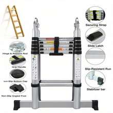 12.5FT (1.9+1.9M) Portable Multi-Purpose Folding A-Frame Ladder With Support Bar Anti-Slip, Stainless Steel Lightweight 330lb Load Telescopic RV Ladder For Outdoor Working Household Use - Grey - View 3