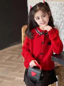 1 pièce Jeune fille pull tricoté à manches longues, style mode boutons devant rouges, automne/hiver