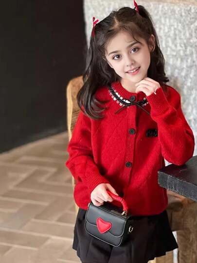 1 件年轻女孩红色纽扣前时尚针织长袖毛衣，秋冬