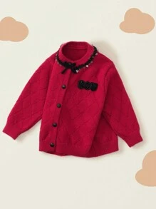 1 pièce Jeune fille pull tricoté à manches longues, style mode boutons devant rouges, automne/hiver