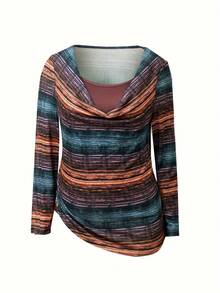 Große Größen Langarm-Oberteil mit Batikmuster und Knopfdetail, künstlerischer Vintage-Stil, Herbst/Winter, Drop-Shoulder