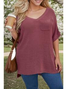 Ladies' Fashionable And Versatile Knitted Short Sleeved T-Shirt, Spring And Summer New Solid Color Loose V-Neck Pullover - Ferruginous Red - View 1