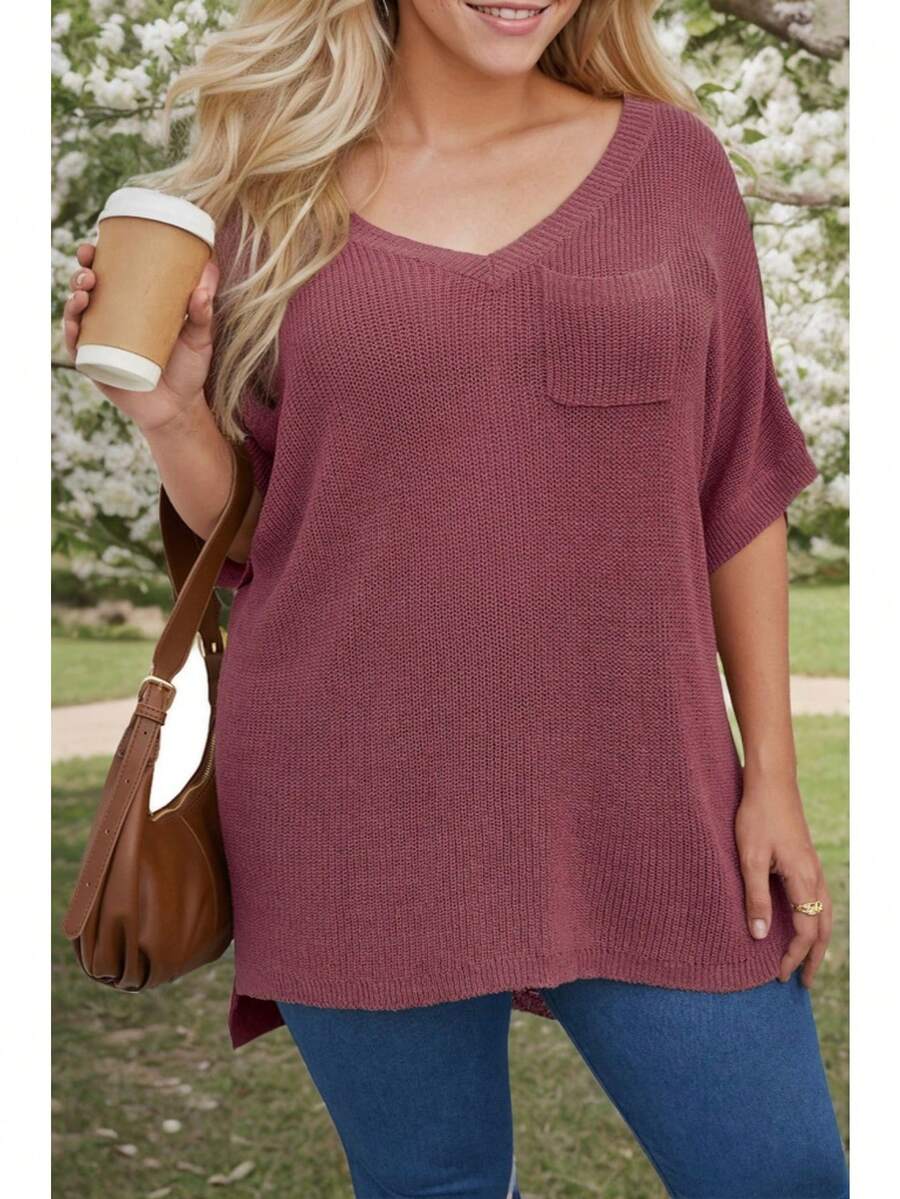 Ladies' Fashionable And Versatile Knitted Short Sleeved T-Shirt, Spring And Summer New Solid Color Loose V-Neck Pullover - Ferruginous Red - View 1