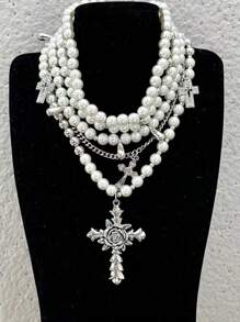 1 对欧美经典百搭时尚仿珍珠多层花朵十字架吊坠项链，精致女士颈链