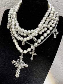 1 对欧美经典百搭时尚仿珍珠多层花朵十字架吊坠项链，精致女士颈链
