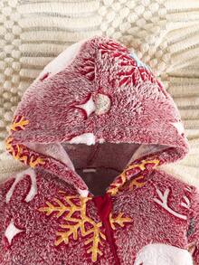 女婴圣诞驯鹿雪花印花拉链连帽长袖连体衣，婴儿冬季服装 - 紅色 - 查看 3