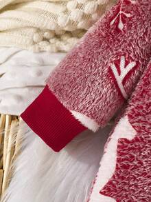 女婴圣诞驯鹿雪花印花拉链连帽长袖连体衣，婴儿冬季服装 - 紅色 - 查看 4