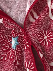 女婴圣诞驯鹿雪花印花拉链连帽长袖连体衣，婴儿冬季服装 - 紅色 - 查看 7