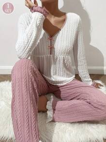 2pcs Women Pajama Set, Long Sleeve Top & Long Pants, Waffle Knit Fabric Striped, Comfortable Casual Loungewear