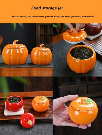 One Ceramic Food Storage Box, Moisture-Proof Sealed Storage Tank, Living Room Furniture Decoration, Opening Gift, Pumpkin, Apple Shape, Halloween Pumpkin Decoration, Christmas Apple Decoration, Can Accommodate Snacks, Candy, Tea, Coffee Beans, Peanuts, Medicinal Materials, Red Beans, Pine Nuts, Melon Seeds, Etc, Home Decoration, Christmas Gifts, Home Gifts, Room Decoration, Halloween Gifts, Thanksgiving Day Gift, Harvest Festival, Family Dinner