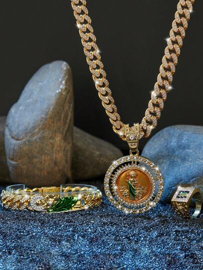 3 件时尚吊坠项链套装，St. Jude 旋转大硬币吊坠项链和手链套装，磨砂闪亮方晶锆石首饰，男女皆宜的节日礼物