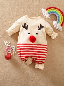 Yierying Pasgeboren babyjongen schattige rendier grafische rode neus gestreepte lange mouw romper, voor Kerstmis
