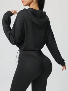 Women Drawstring Hem Hooded Activewear Jacket, Casual Short Zip-Up Sports Fitness Yoga Outerwear