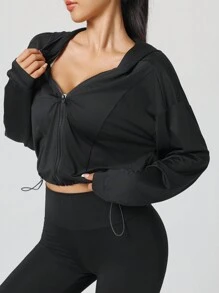 Women Drawstring Hem Hooded Activewear Jacket, Casual Short Zip-Up Sports Fitness Yoga Outerwear