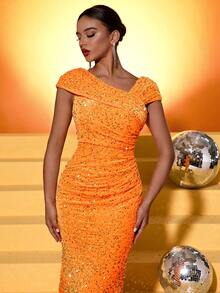 Fuaheng 优雅闪光连衣裙，不对称领口和褶皱细节，正式晚会礼服，适合婚礼嘉宾、毕业典礼、晚宴派对礼服