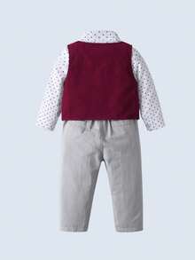 BOARNSEORL 3 件套男婴绅士服装套装：长袖衬衫、蝴蝶结背心和酒红色裤子，适合生日派对、婚礼、周年庆典等场合 - 酒紅色 - 查看 5