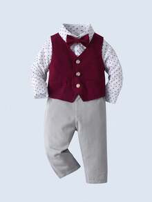 BOARNSEORL 3 件套男婴绅士服装套装：长袖衬衫、蝴蝶结背心和酒红色裤子，适合生日派对、婚礼、周年庆典等场合 - 酒紅色 - 查看 3