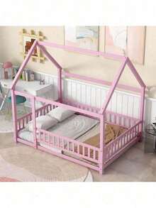 Full Size Floor Wooden Bed With House Roof Frame, Fence Guardrails ,Pink - 白色+松木+全色 - 查看 6