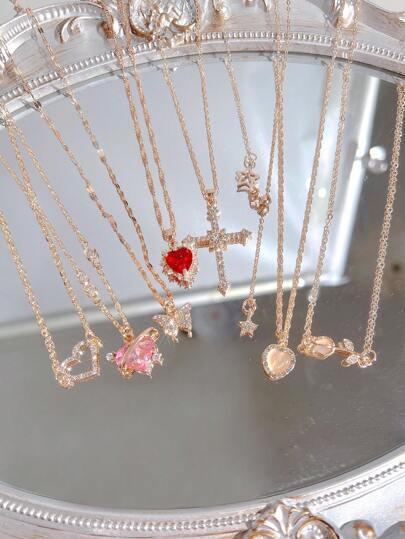 8pcs Y2K Style Cute Minimalist Elegant Vintage Design Colorful Crystal Bling Bling Heart Butterfly Flower Tulip Star Cross Water Drop Faux Gemstone Cat Eye Pendant Multilayer Necklace Set, Suitable For Holiday, Party, Date, Gift, Daily Wear