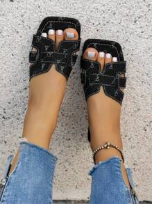 Dép đế bằng họa tiết sọc thời trang ngoài trời & giải trí thoải mái mùa hè mới - màu đen - Xem 1
