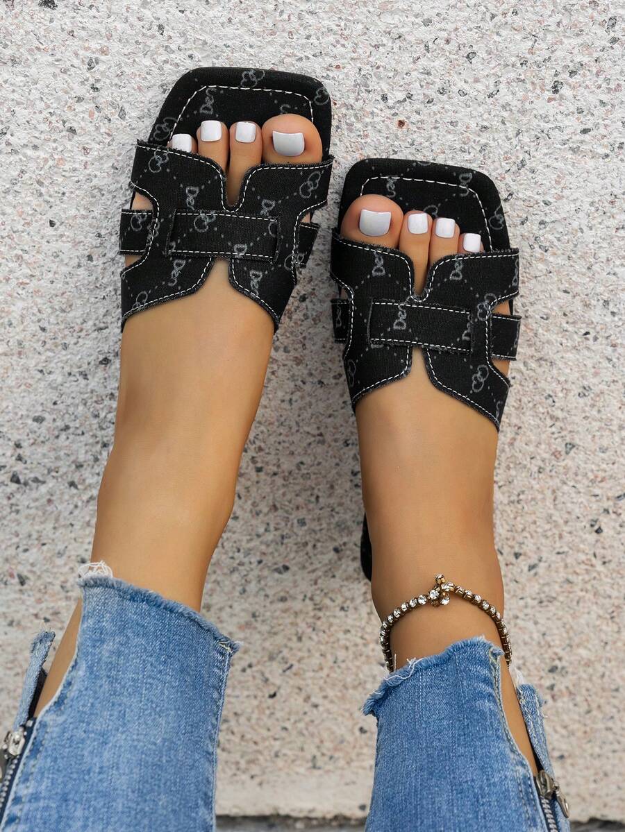 Dép đế bằng họa tiết sọc thời trang ngoài trời & giải trí thoải mái mùa hè mới - màu đen - Xem 1