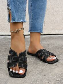 Dép đế bằng họa tiết sọc thời trang ngoài trời & giải trí thoải mái mùa hè mới - màu đen - Xem 2