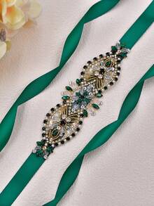 1 chiếc thắt lưng cô dâu thủ công với thiết kế kim cương pha lê rỗng, trang sức cơ thể cho trang phục trang trọng của phụ nữ, trang trí thắt lưng cho tiệc và tiệc cao cấp - ruy băng xanh - Xem 5