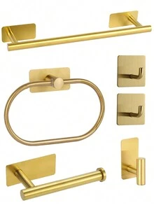 5 件/套自粘式浴室毛巾架、毛巾环、卫生纸架、衣帽挂钩套装、壁挂式衣架 - 金色 - 查看 10