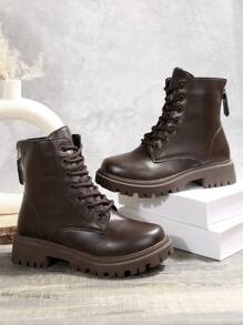 2024 秋冬新款女士厚底圆头拉链系带中筒防滑舒适时尚摩托车踝靴