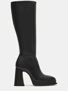 Platform Knee High Boots For Wome Chunky High Heels Pink Tall Boots Square Toe Motorcycle Long Boots - Black - View 5