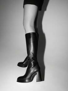 Platform Knee High Boots For Wome Chunky High Heels Pink Tall Boots Square Toe Motorcycle Long Boots - Black - View 7