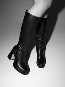 Platform Knee High Boots For Wome Chunky High Heels Pink Tall Boots Square Toe Motorcycle Long Boots - Black - View 6