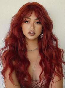 Auburn Wigs With Bangs Long Wavy Copper Red Wig For Women 26 Inch Natural Looking Curly Synthetic Wig Heat Resistant Fiber Wigs For Girls Halloween Party Use - Red - View 1