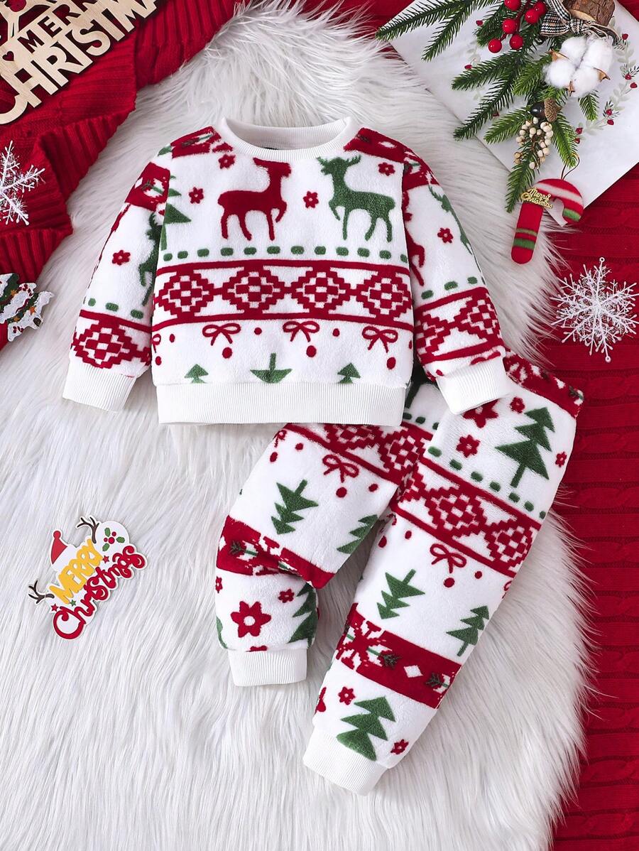 2pcs/Set Baby Girls/Boys Casual Comfortable Christmas Snowflake Deer Plush Crew Neck Sweatshirt And Pants Sets, Fall/Winter