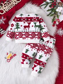 2pcs/Set Baby Girls/Boys Casual Comfortable Christmas Snowflake Deer Plush Crew Neck Sweatshirt And Pants Sets, Fall/Winter