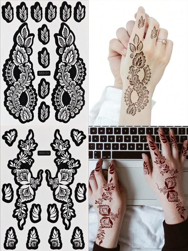 2 Blatt Blumen Tattoo Schablonen, Handtattoo Vorlagen, Glitzer Tattoo Vorlagen zum Zeichnen von Designs, wiederverwendbare Tattoo Aufkleber für Körperkunst, Make-up, Mehndi Designs