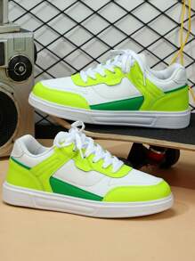 白色荧光绿多巴胺潮流欧美风户外滑板系带圆头低帮运动鞋，女士运动鞋，礼物 - 彩色 - 查看 4