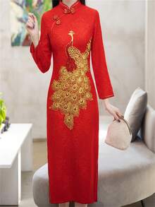 Váy cưới sườn xám cổ điển tay dài cho cô dâu Trung Quốc, thiết kế mới cho lễ cưới và tiệc cưới - Đỏ - Xem 3