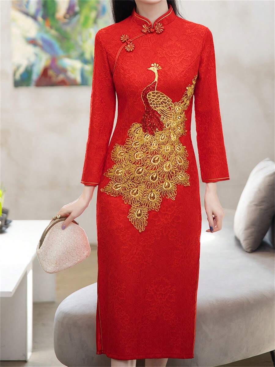 Váy cưới sườn xám cổ điển tay dài cho cô dâu Trung Quốc, thiết kế mới cho lễ cưới và tiệc cưới - Đỏ - Xem 1