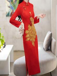 Váy cưới sườn xám cổ điển tay dài cho cô dâu Trung Quốc, thiết kế mới cho lễ cưới và tiệc cưới - Đỏ - Xem 4