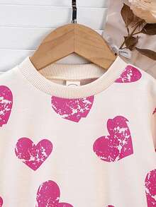 女婴心形印花长袖卫衣拼布连衣裙，春秋装 - 玫紅色 - 查看 3