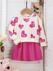 女婴心形印花长袖卫衣拼布连衣裙，春秋装 - 玫紅色 - 查看 1