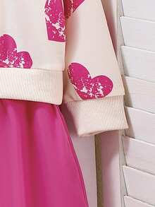 女婴心形印花长袖卫衣拼布连衣裙，春秋装 - 玫紅色 - 查看 4