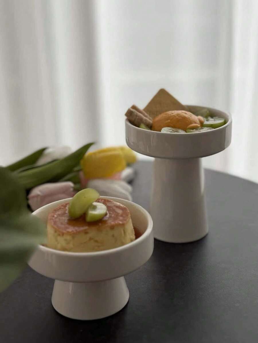 1pc Minimalist White Ceramic High-Foot Plate, Design Bowl For Dessert, Snacks, Fruit Sweets, Home Dining, Pudding, Elegant Decor Plate - White - View 1